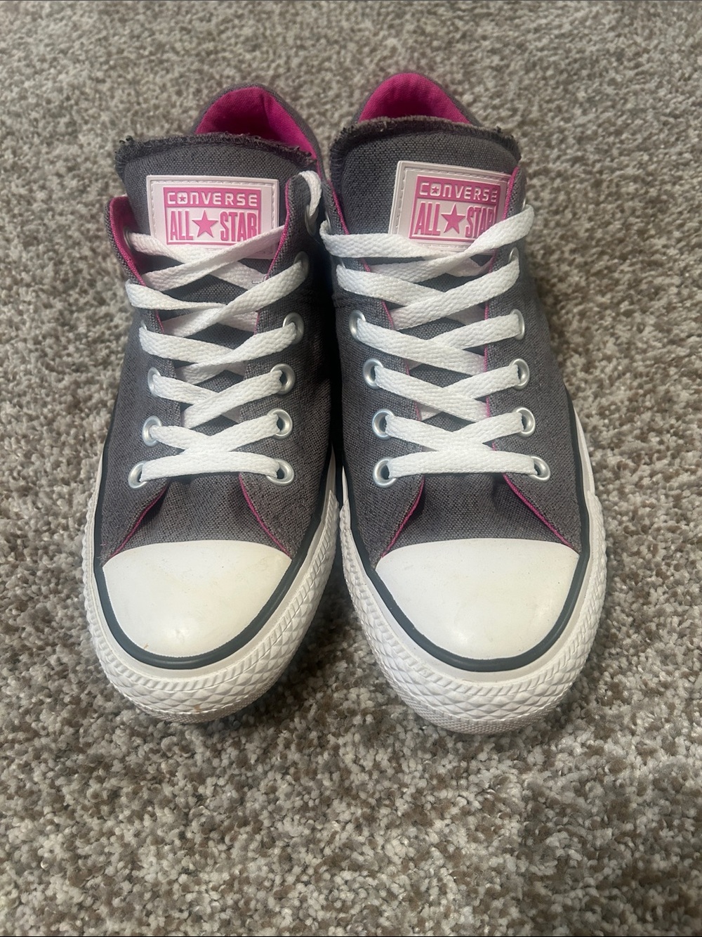 Converse Gray Canvas Low Top Sneakers with Pink Trim